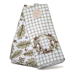 Harvest Home Autumn Oak Kitchen Towels Green Leaves Acorns Wreath 2pc 15" x 25"